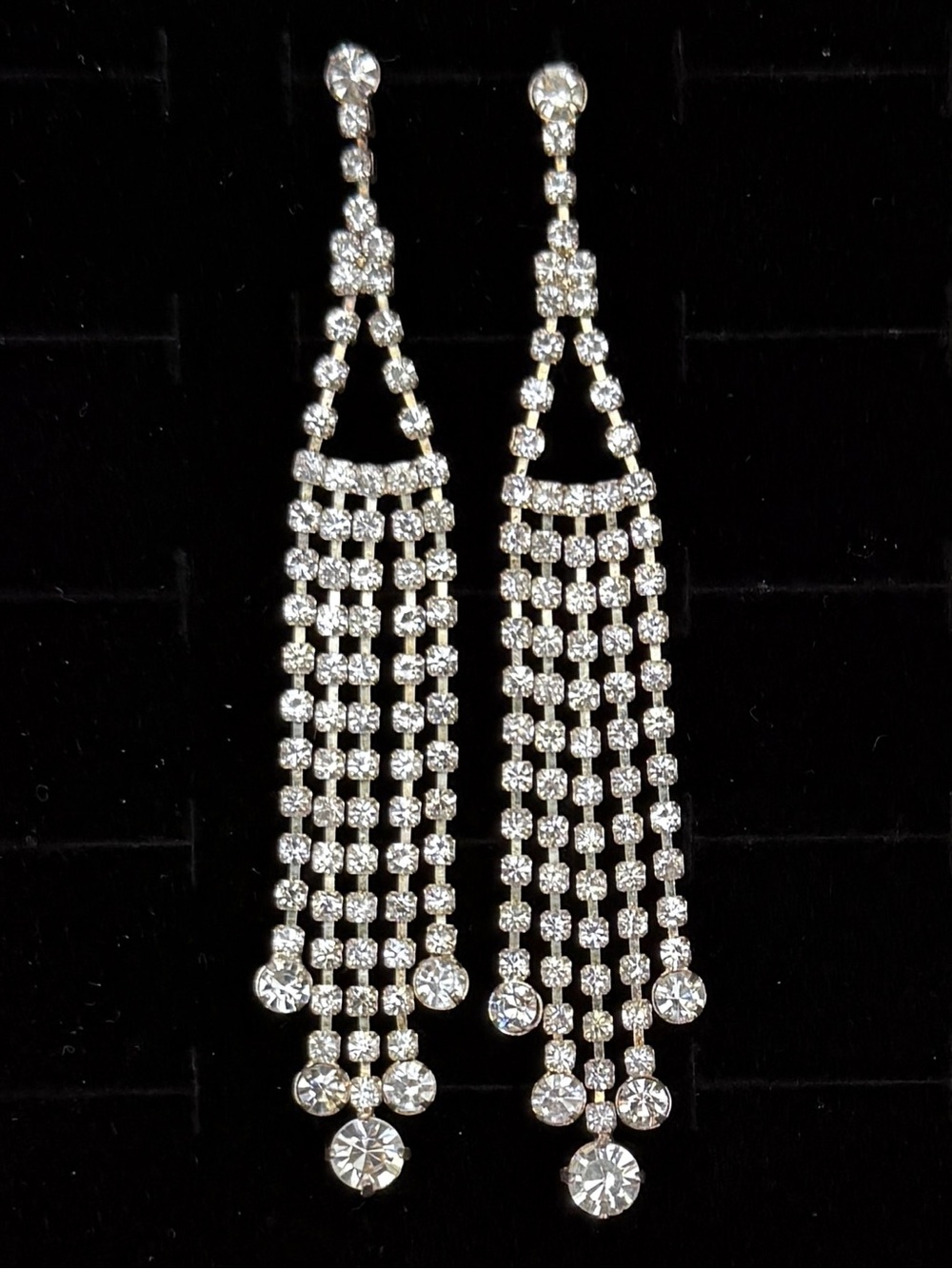 Vintage Clear Rhinestone Waterfall Chandelier Pierced Statement Earrings
